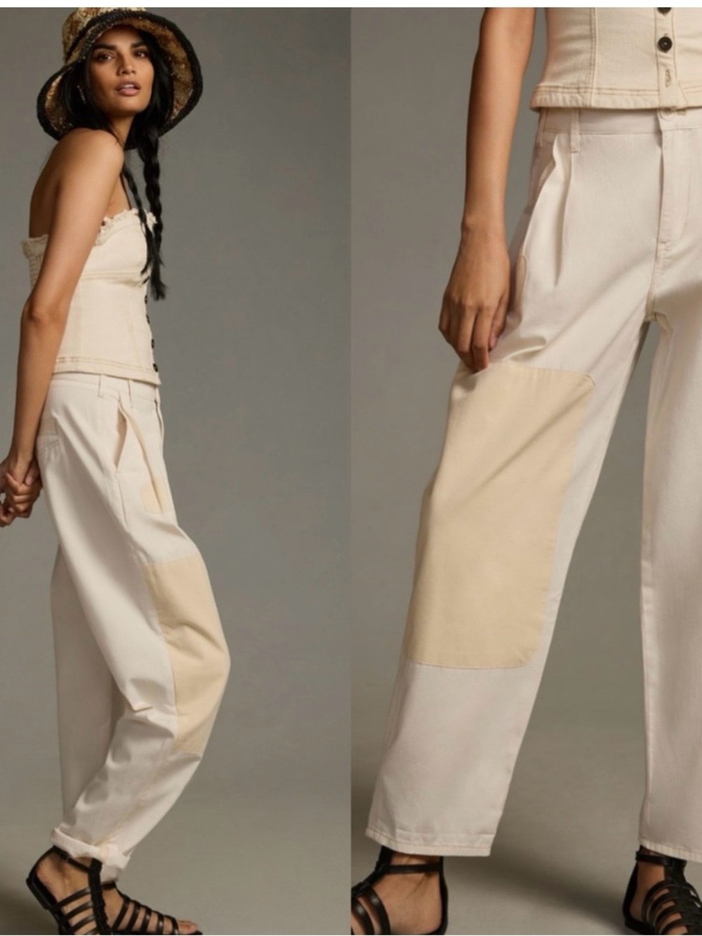 NEW Pilcro White Cotton Cargo Trousers with Beige Patch Details - Runs Large!!!